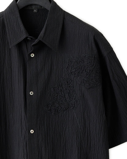 HARRISON WONG / Oversize Textured Cotton Shirt With Flowers Embroidery - Black