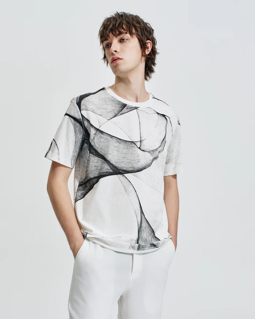 HARRISON WONG / Regular Fit Tee With Organic Wave Print - White