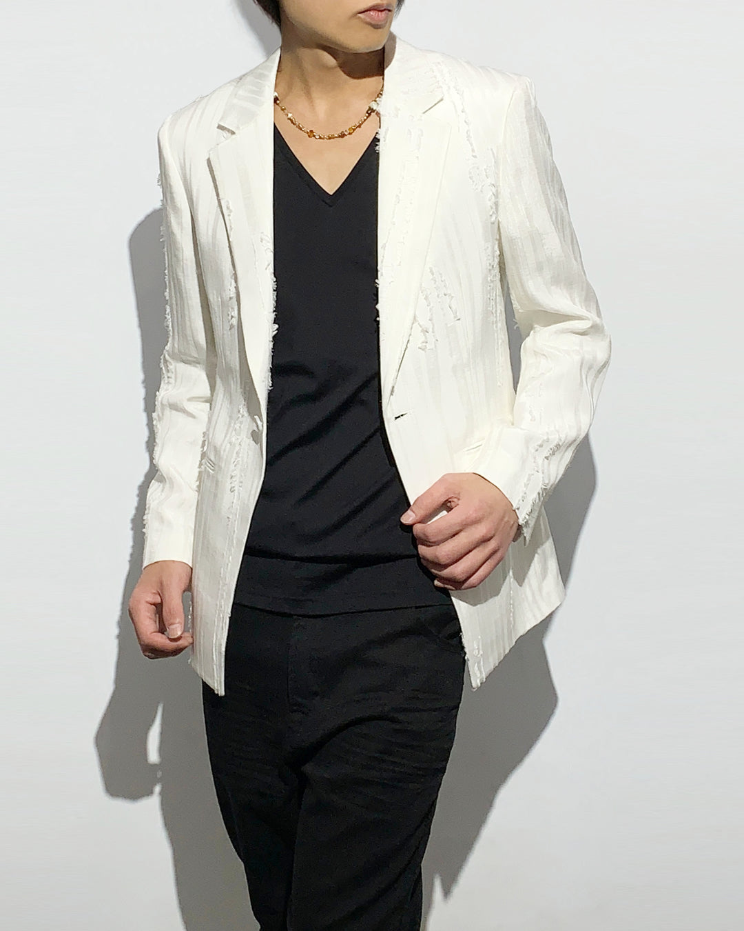 HARRISON WONG / Ripped Texture 1B Blazer - White