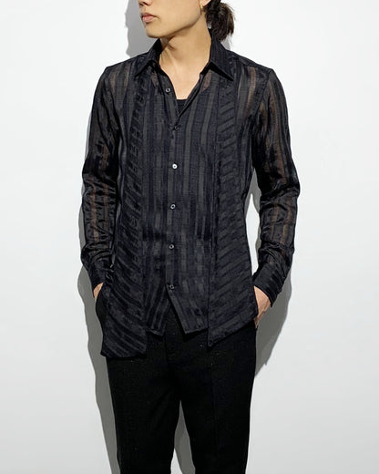 ys Yuji SUGENO / Karami Stripe Regular Shirt with Ascot Stole - BLACK