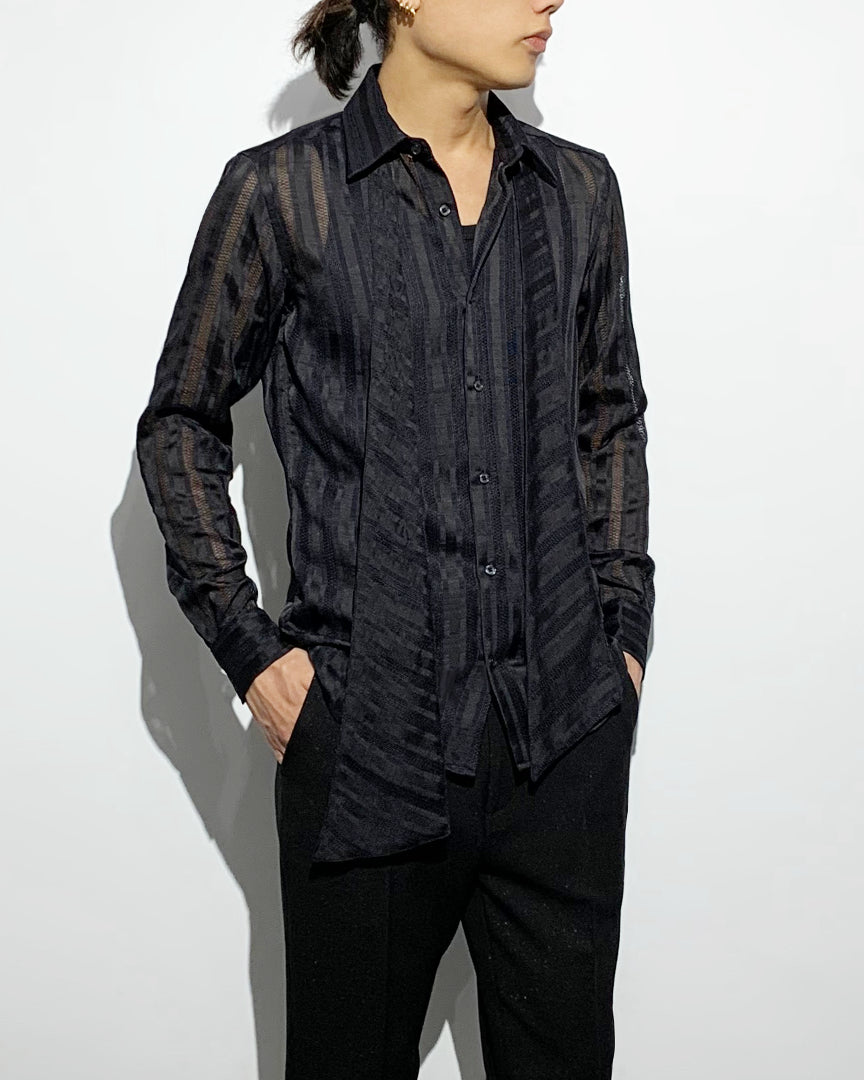 ys Yuji SUGENO / Karami Stripe Regular Shirt with Ascot Stole - BLACK