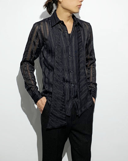 ys Yuji SUGENO / Karami Stripe Regular Shirt with Ascot Stole - BLACK