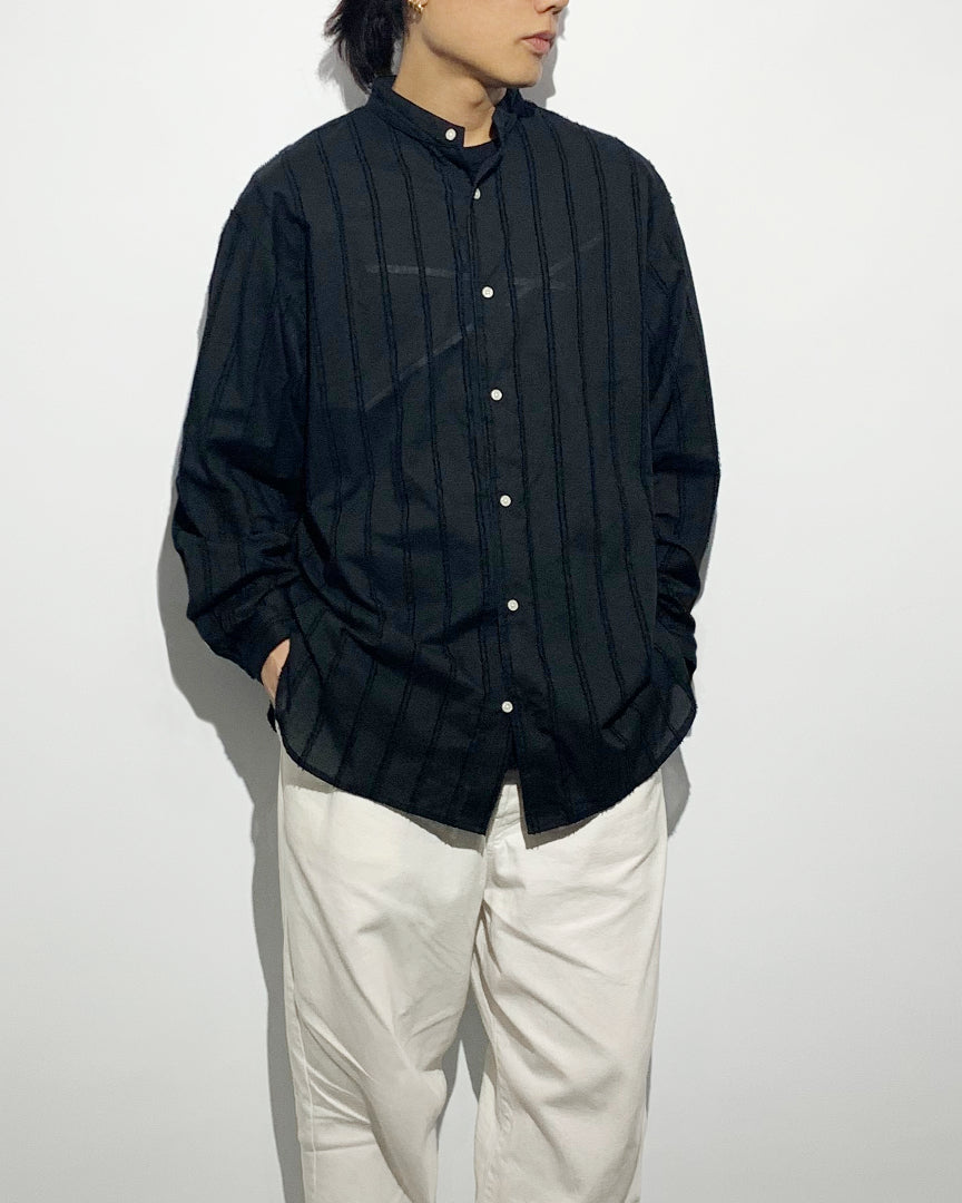 ys Yuji SUGENO / Cut Fringe Stripe Over Collarless Shirt - BLACK