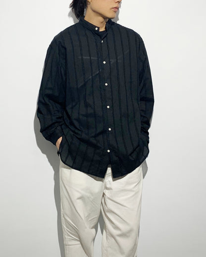 ys Yuji SUGENO / Cut Fringe Stripe Over Collarless Shirt - BLACK