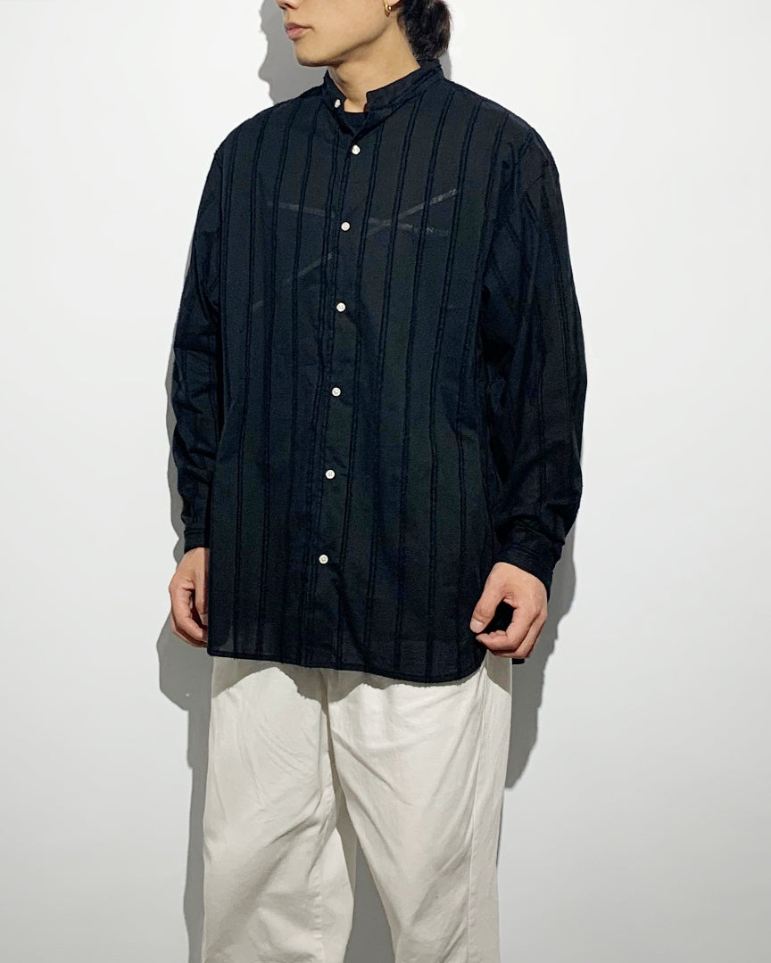 ys Yuji SUGENO / Cut Fringe Stripe Over Collarless Shirt - BLACK