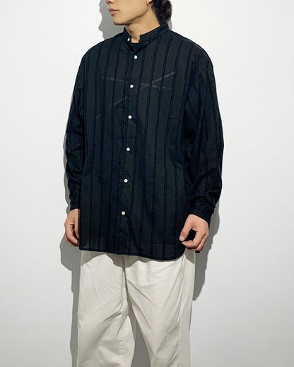 ys Yuji SUGENO / Cut Fringe Stripe Over Collarless Shirt - BLACK