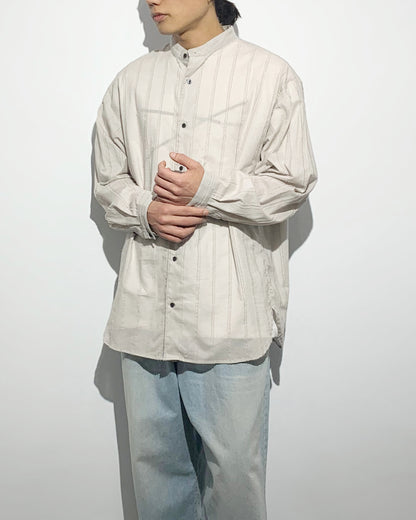 ys Yuji SUGENO / Cut Fringe Stripe Over Collarless Shirt - LIGHT GRAY