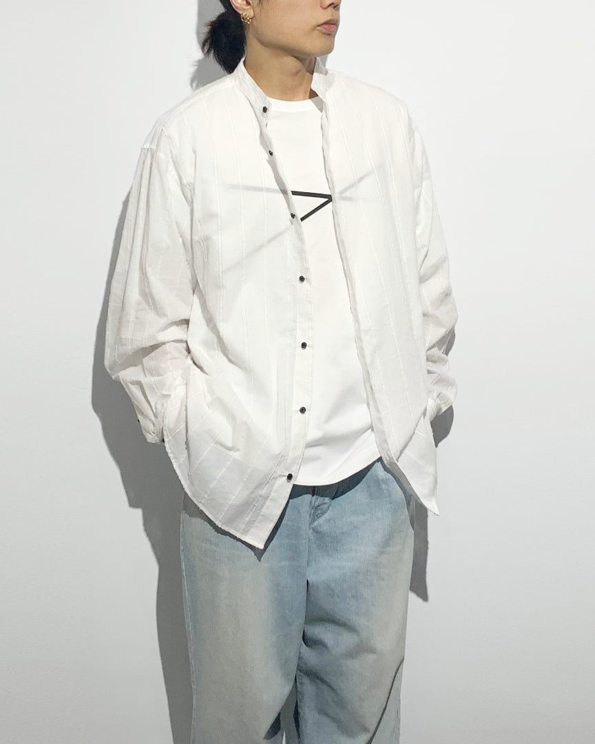 ys Yuji SUGENO / Cut Fringe Stripe Over Collarless Shirt - WHITE