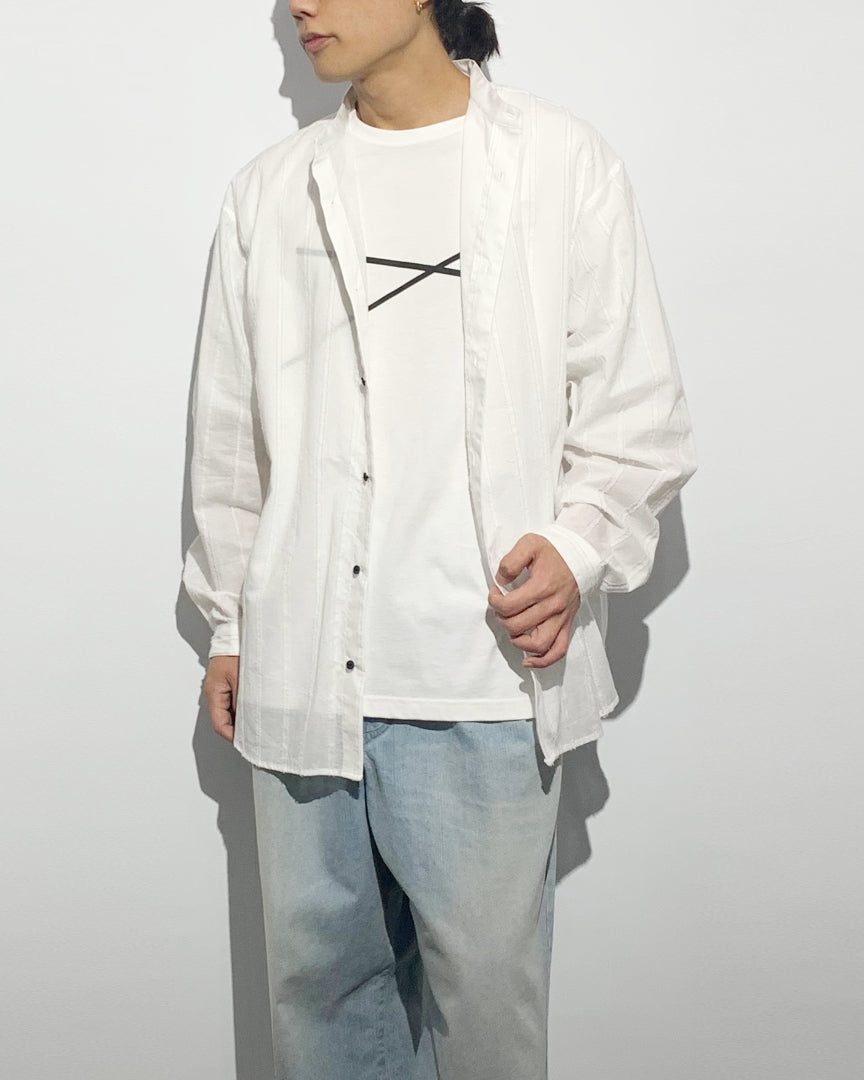 ys Yuji SUGENO / Cut Fringe Stripe Over Collarless Shirt - WHITE