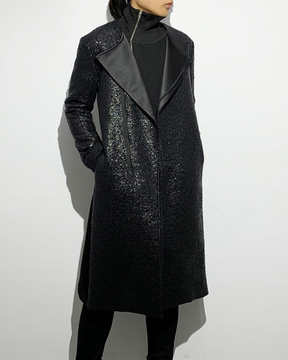 ys Yuji SUGENO / Black Foil Tweed No-Collar Riders Coat