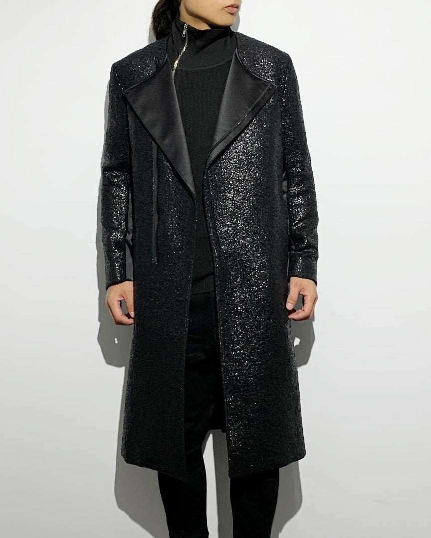 ys Yuji SUGENO / Black Foil Tweed No-Collar Riders Coat