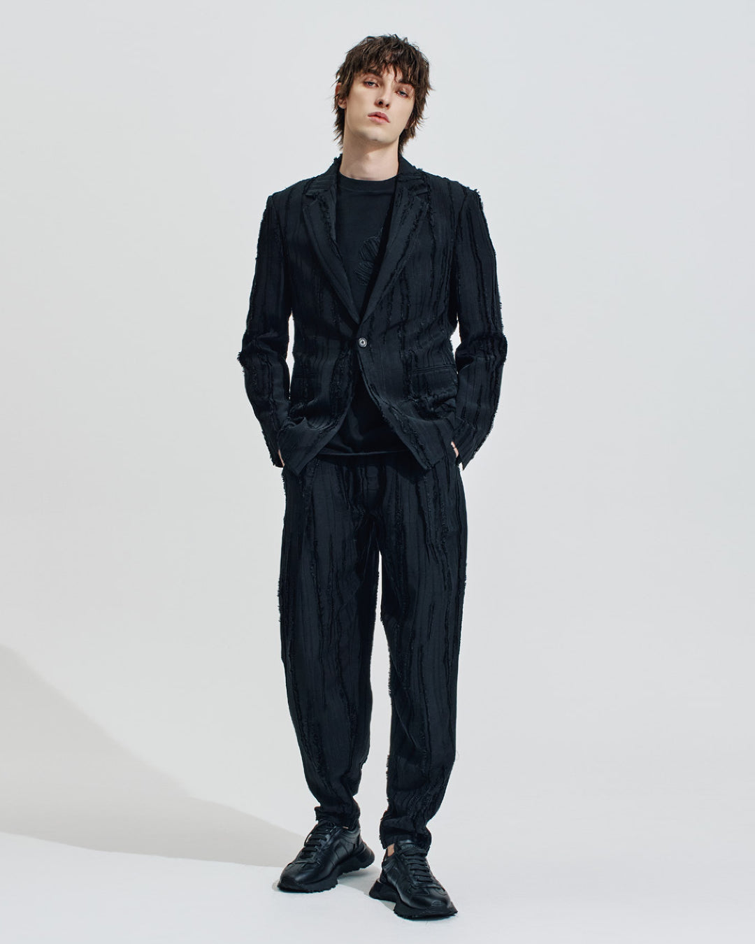 HARRISON WONG / Ripped Texture 1B Blazer - Black