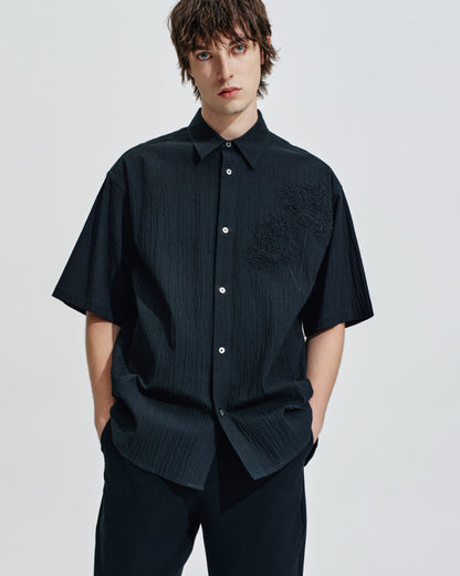 HARRISON WONG / Oversize Textured Cotton Shirt With Flowers Embroidery - Black