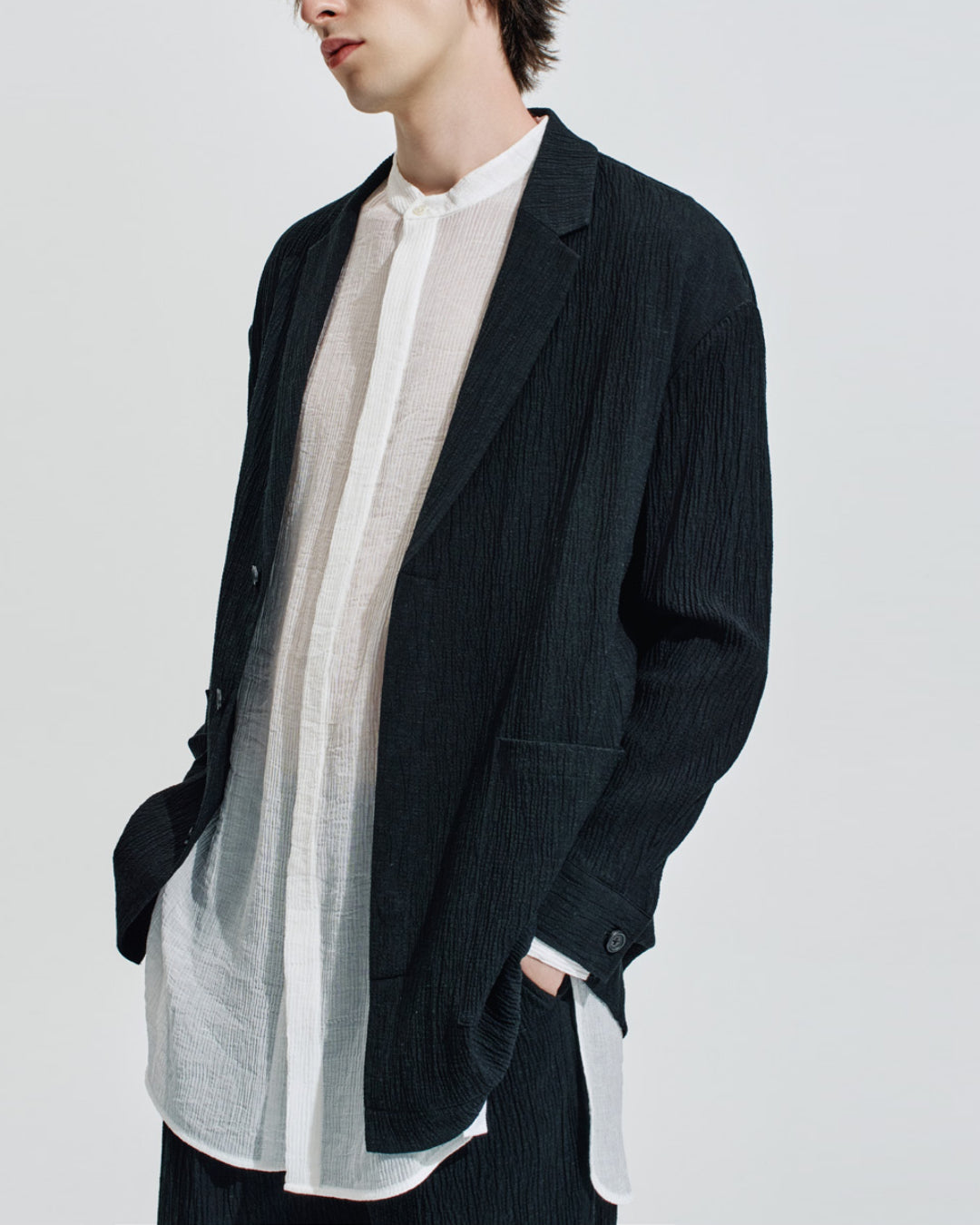 HARRISON WONG / Smocking Textured Long Blazer