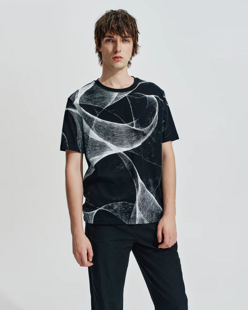 HARRISON WONG / Regular Fit Tee With Organic Wave Print - Black