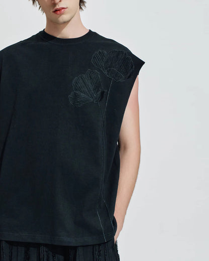 HARRISON WONG / Oversize Sleeveless Tee With Flowers Embroidery - Black