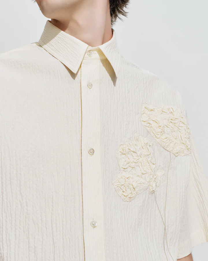 HARRISON WONG / Oversize Textured Cotton Shirt With Flowers Embroidery - Beige