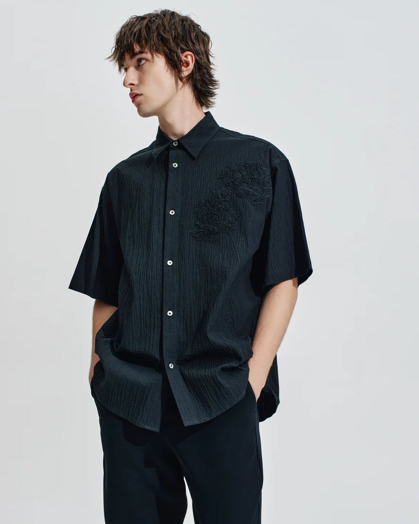 HARRISON WONG / Oversize Textured Cotton Shirt With Flowers Embroidery - Black