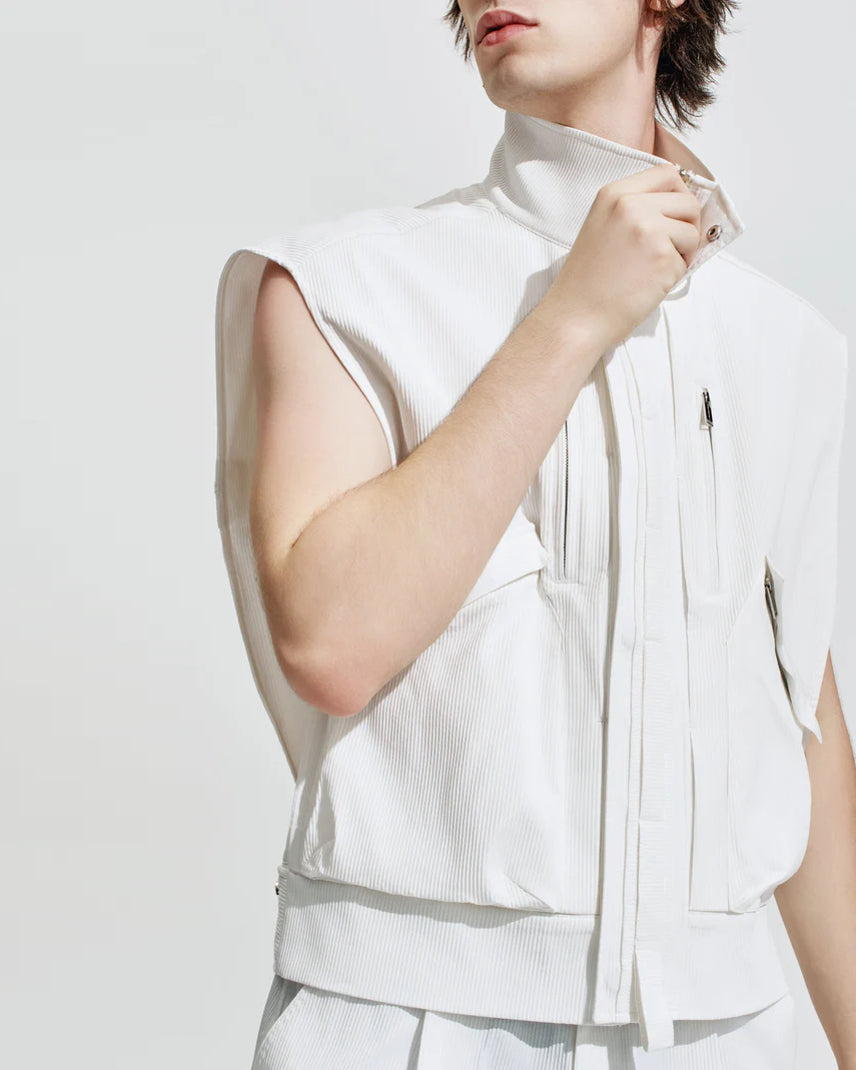 HARRISON WONG / Striped Textured Wide Shoulder Sleeveless Jacket