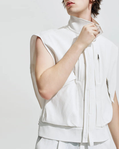 HARRISON WONG / Striped Textured Wide Shoulder Sleeveless Jacket