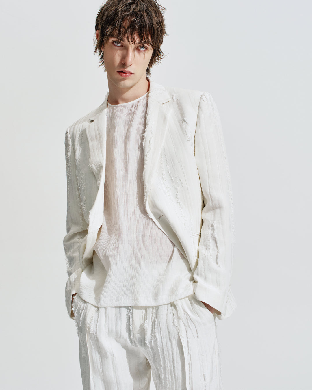 HARRISON WONG / Ripped Texture 1B Blazer - White